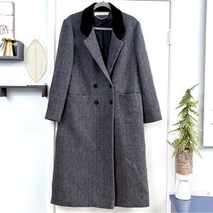 Central Park Vintage Wool Long Trench Charcoal Coat Black Velvet Collar Sz 12